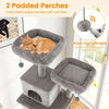Large cat tree with 2 soft plush perches, cozy condos, and scratching posts for indoor cats in gray.