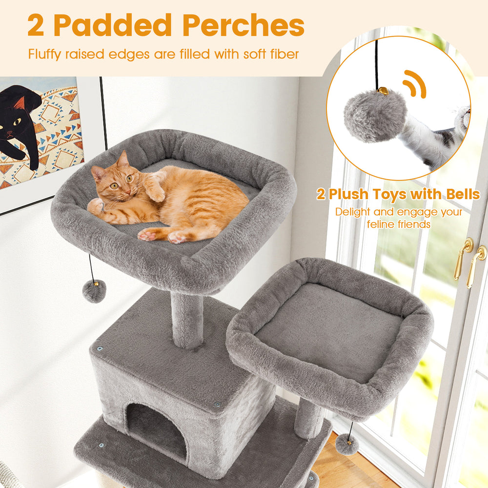 Large cat tree with 2 soft plush perches, cozy condos, and scratching posts for indoor cats in gray.