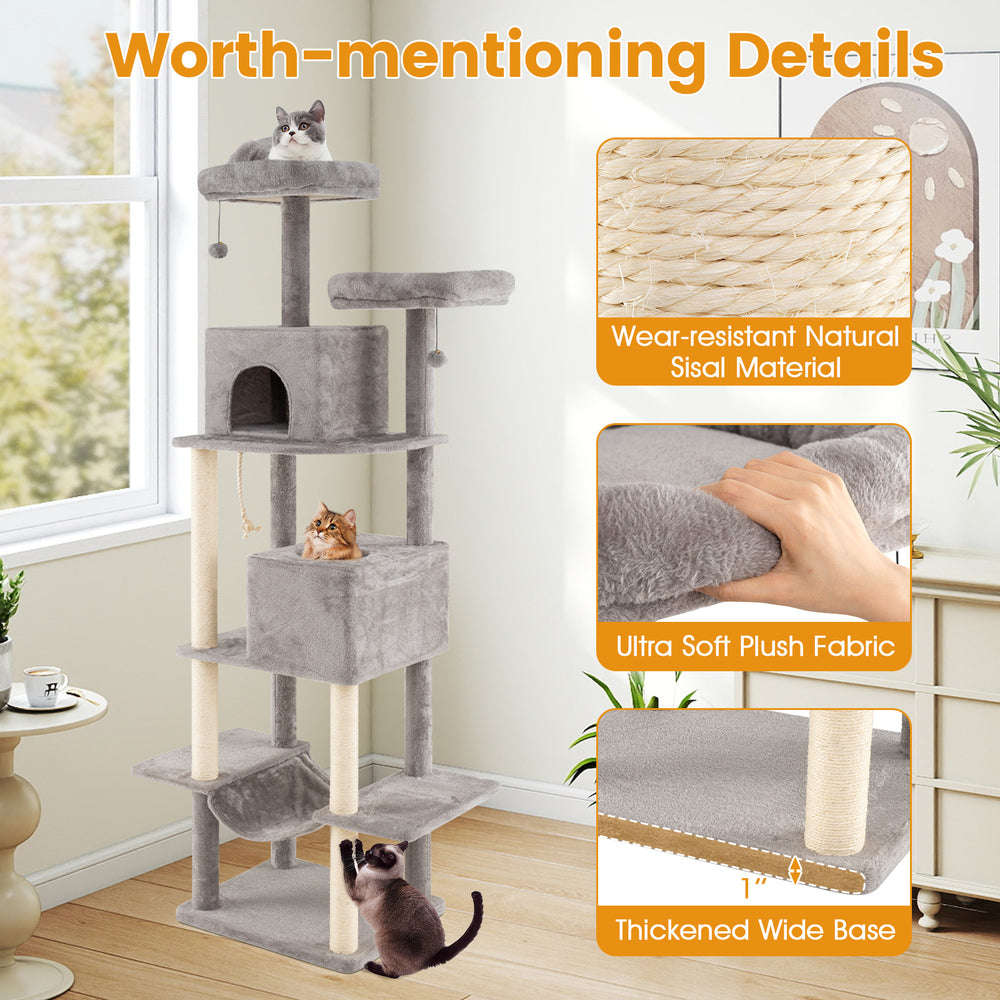 Large 84-inch gray cat tree featuring two condos, two plush perches, and a thickened wide base for stability.