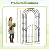 84-inch tall metal garden arch with gate, featuring elegant patterns and dimensions for versatile outdoor use.