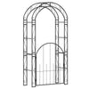 84-inch tall metal garden arch with gate, featuring elegant patterns and arched top for climbing plants and vines.