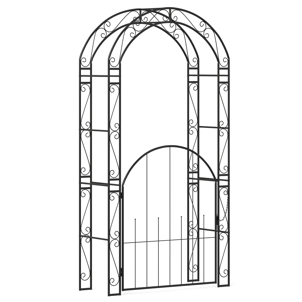 84-inch tall metal garden arch with gate, featuring elegant patterns and arched top for climbing plants and vines.