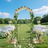 84-inch tall metal garden arch with gate, adorned with flowers, perfect for weddings and outdoor events.
