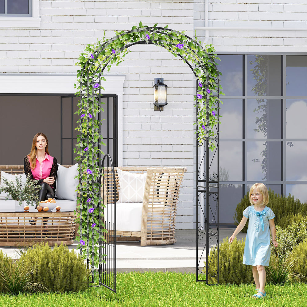 84-inch tall metal garden arch with gate, featuring climbing trellises and elegant patterns, ideal for weddings and.