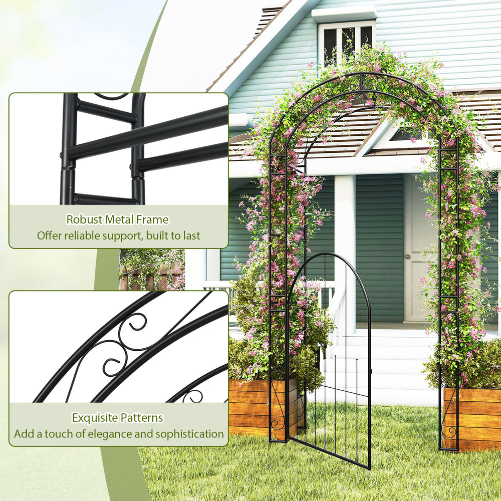 84-inch tall metal garden arch with gate, featuring exquisite patterns and robust support for climbing plants and decor.