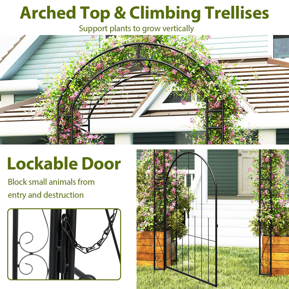 84-inch tall metal garden arch with lockable door, arched top, and climbing trellises for elegant plant support.
