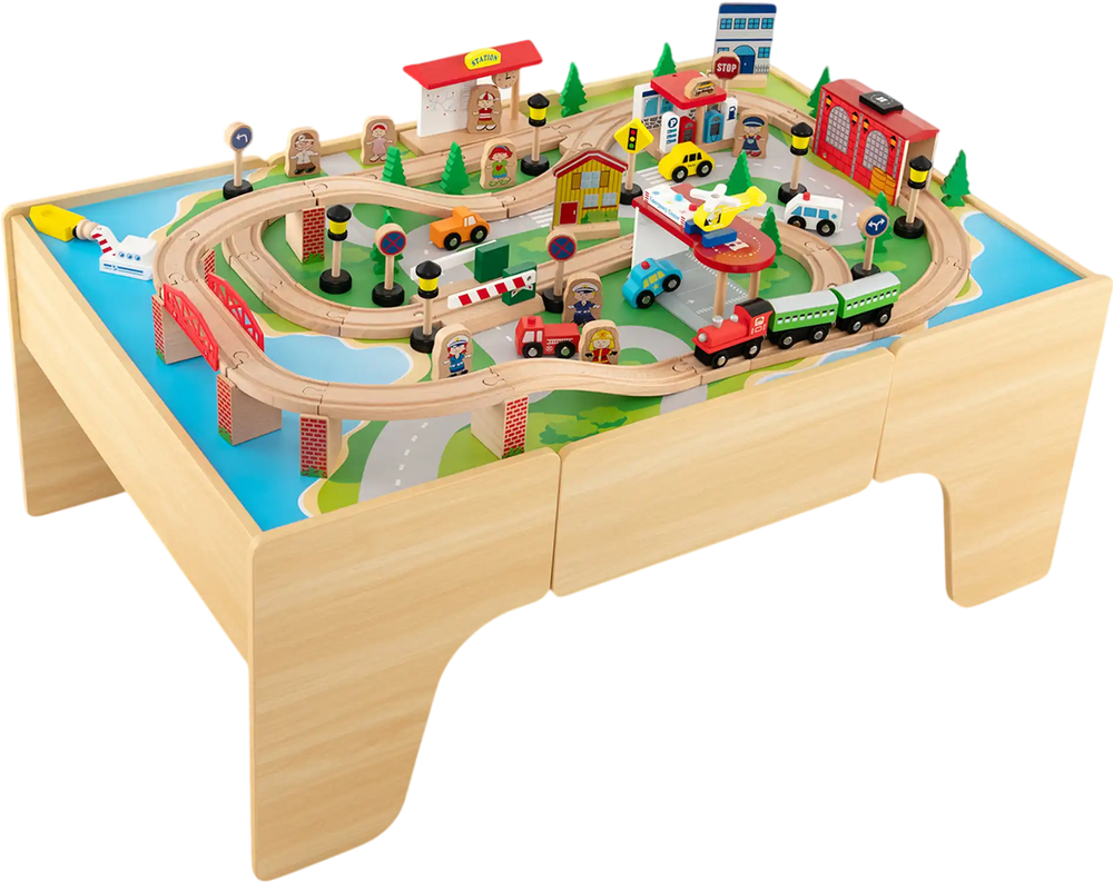 Train and building block table with reversible top, featuring 84-piece train set for imaginative play and creativity.