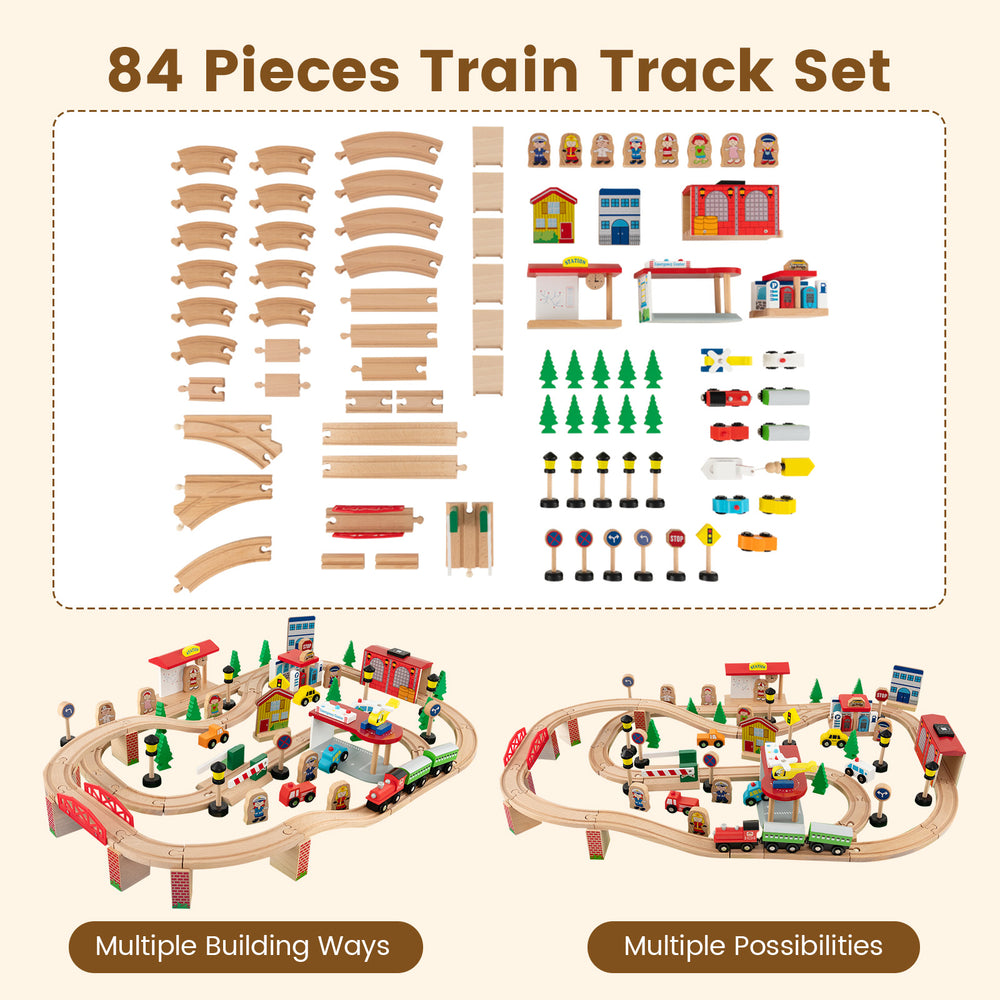 84-piece train track set with wooden tracks, vehicles, and buildings for imaginative play and STEM skill development.