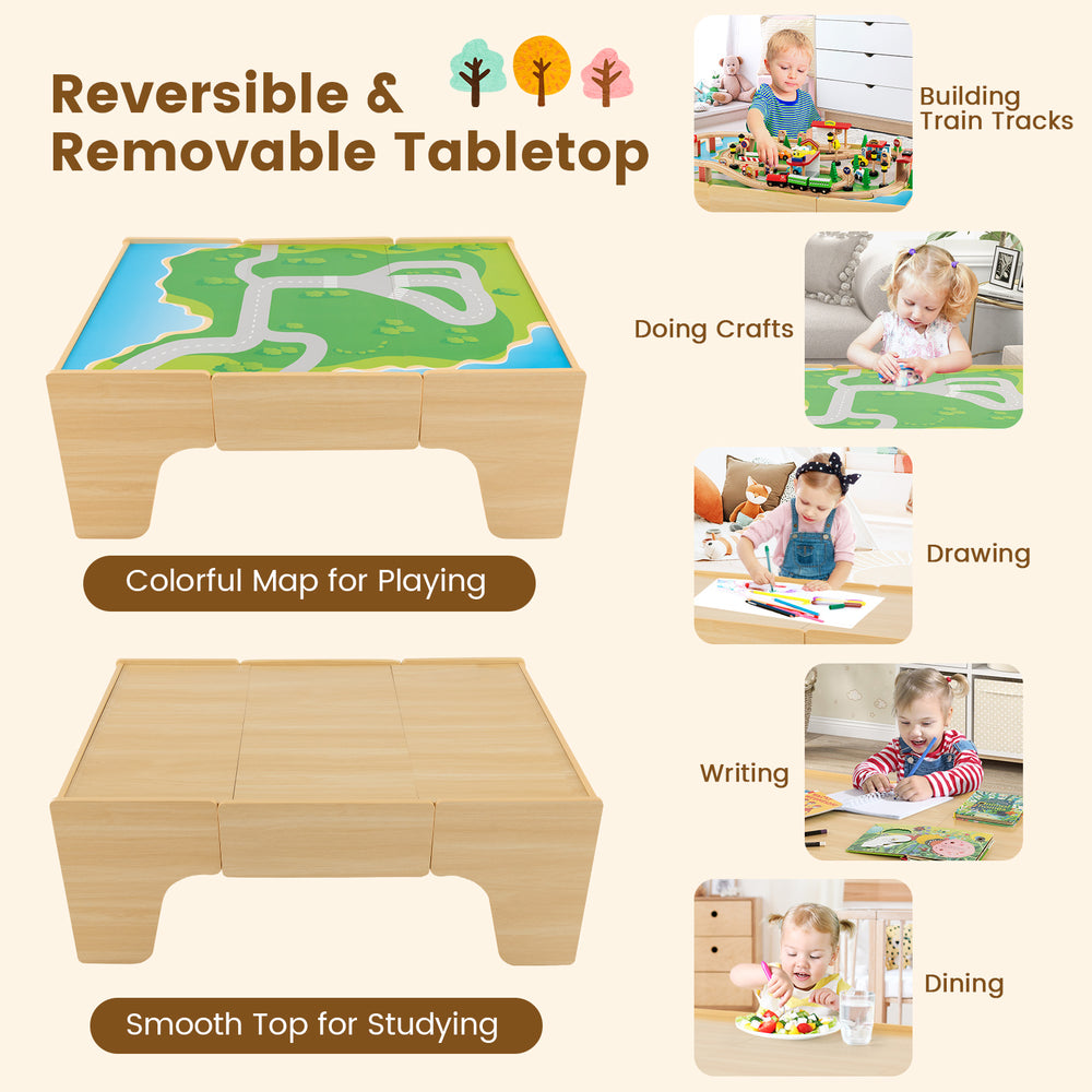 Colorful reversible tabletop for creative play, featuring train tracks and building blocks, perfect for kids'.
