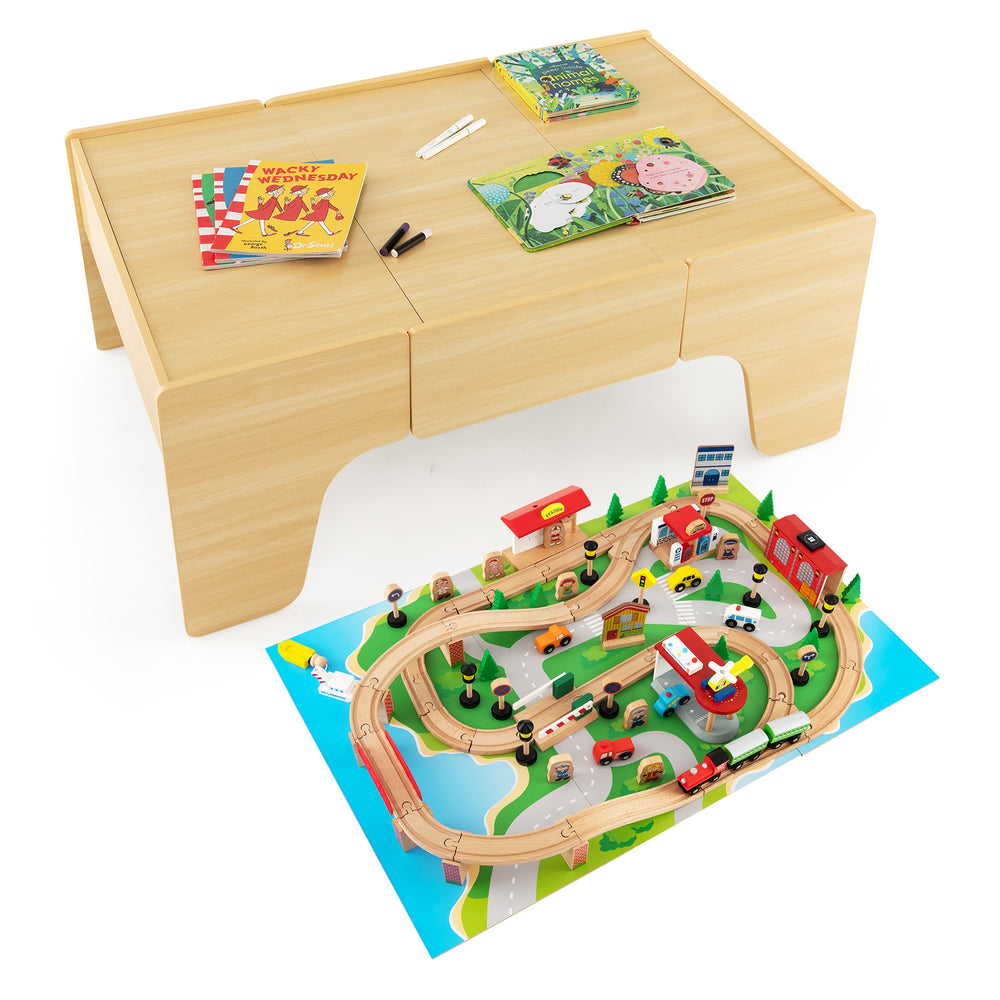 Wooden train and activity table with reversible top, 84-piece set for learning and play, ideal for kids' rooms.
