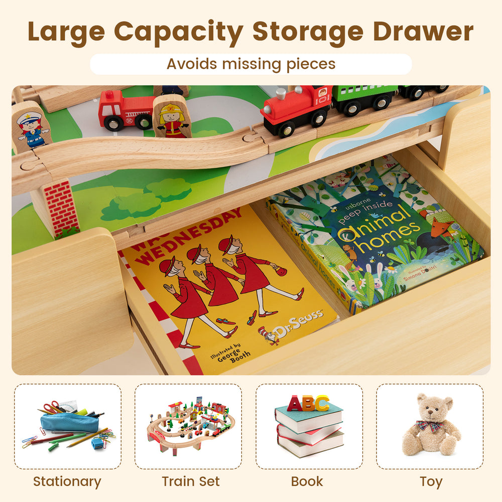 Large capacity storage drawer of the 84-piece wooden train and activity table, ideal for organizing toys and books.