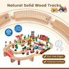 84-piece wooden train set with solid wood tracks and reversible tabletop for creative play and learning activities.
