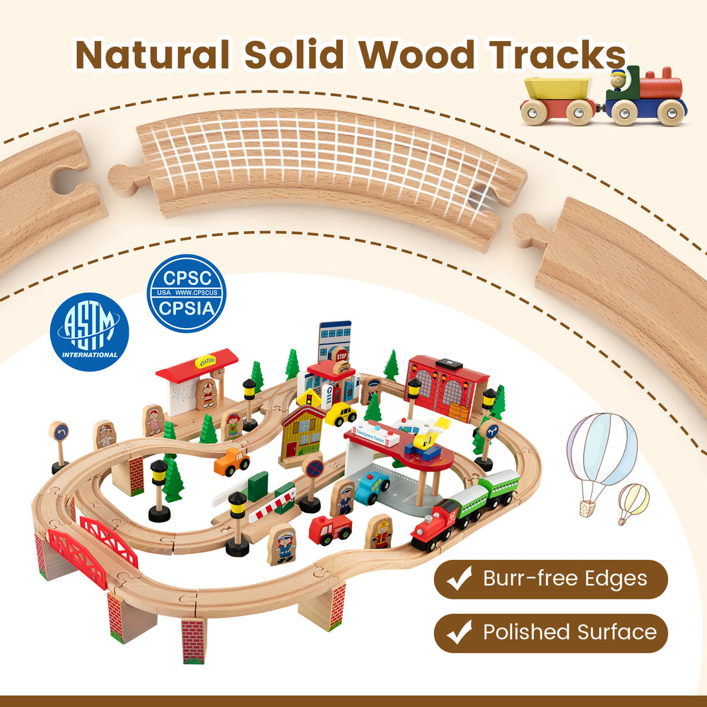 84-piece wooden train set with solid wood tracks and reversible tabletop for creative play and learning activities.