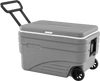Portable 84 Quart wheeled ice cooler in gray features a foldable pull handle and durable HDPE hard shell for easy transport.