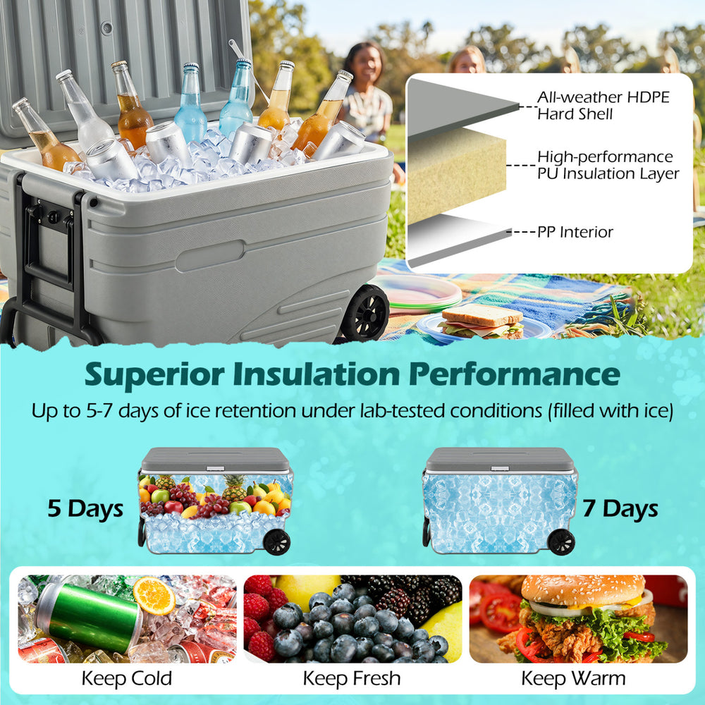Portable 84 Quart wheeled ice cooler in gray features a durable HDPE shell and high-performance PU insulation for 5-7 days of ice retention.