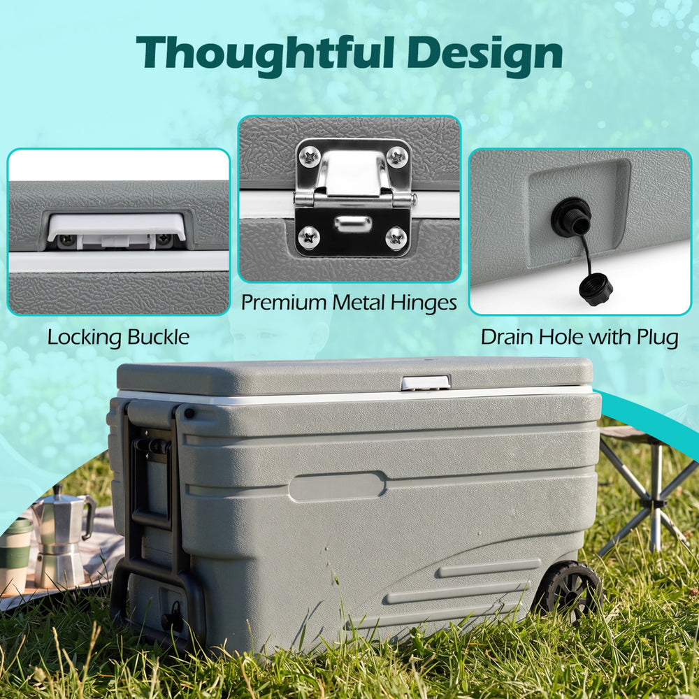 Portable 84 Quart wheeled ice cooler in gray features a foldable pull handle, drain hole, and secure locking buckle for easy transport.