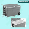 Dimensions of the gray Portable 84 Quart wheeled ice cooler with a 28-inch length and 17.5-inch height for optimal storage.