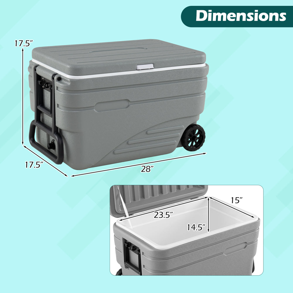 Dimensions of the gray Portable 84 Quart wheeled ice cooler with a 28-inch length and 17.5-inch height for optimal storage.