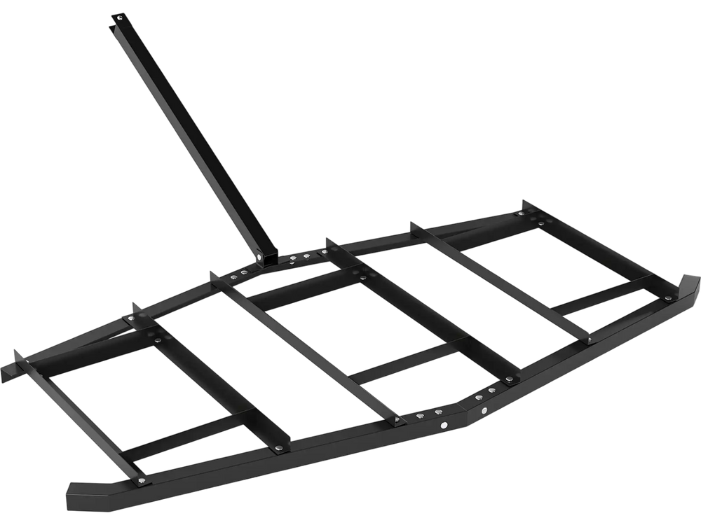 84-inch wide driveway drag tow behind landscape leveling rake in black, made from powder-coated metal for durability.