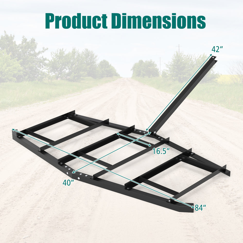Driveway drag tow behind landscape leveling rake dimensions, 84 inches wide, made from powder-coated metal for.