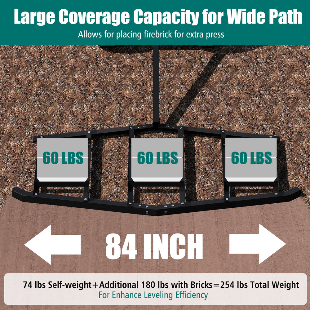 84-inch driveway drag leveling rake with reinforced bars, holds 180 lbs for efficient soil and gravel leveling.