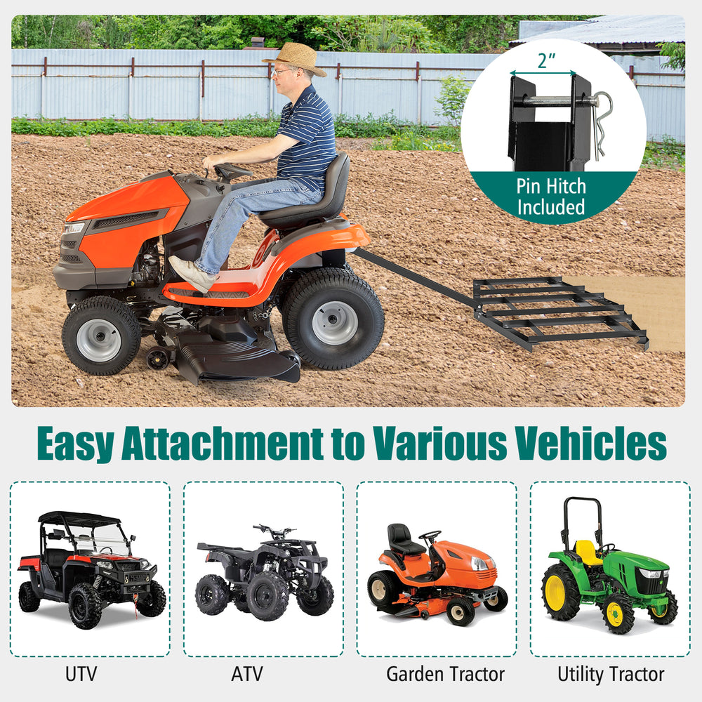 84-inch wide driveway drag tow behind landscape leveling rake, made from powder-coated metal, for UTVs, ATVs, and.