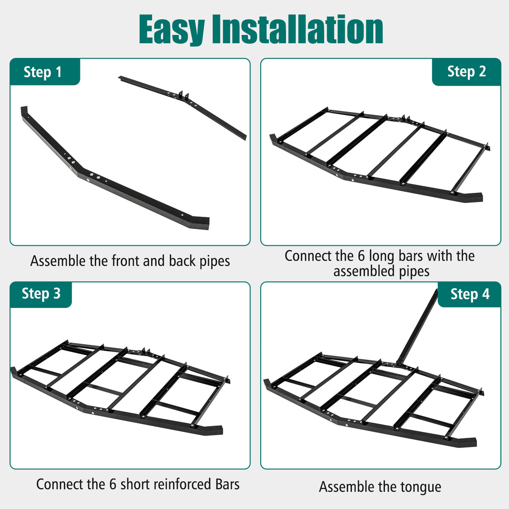 Driveway drag tow behind landscape leveling rake assembly steps with reinforced bars for easy installation and.