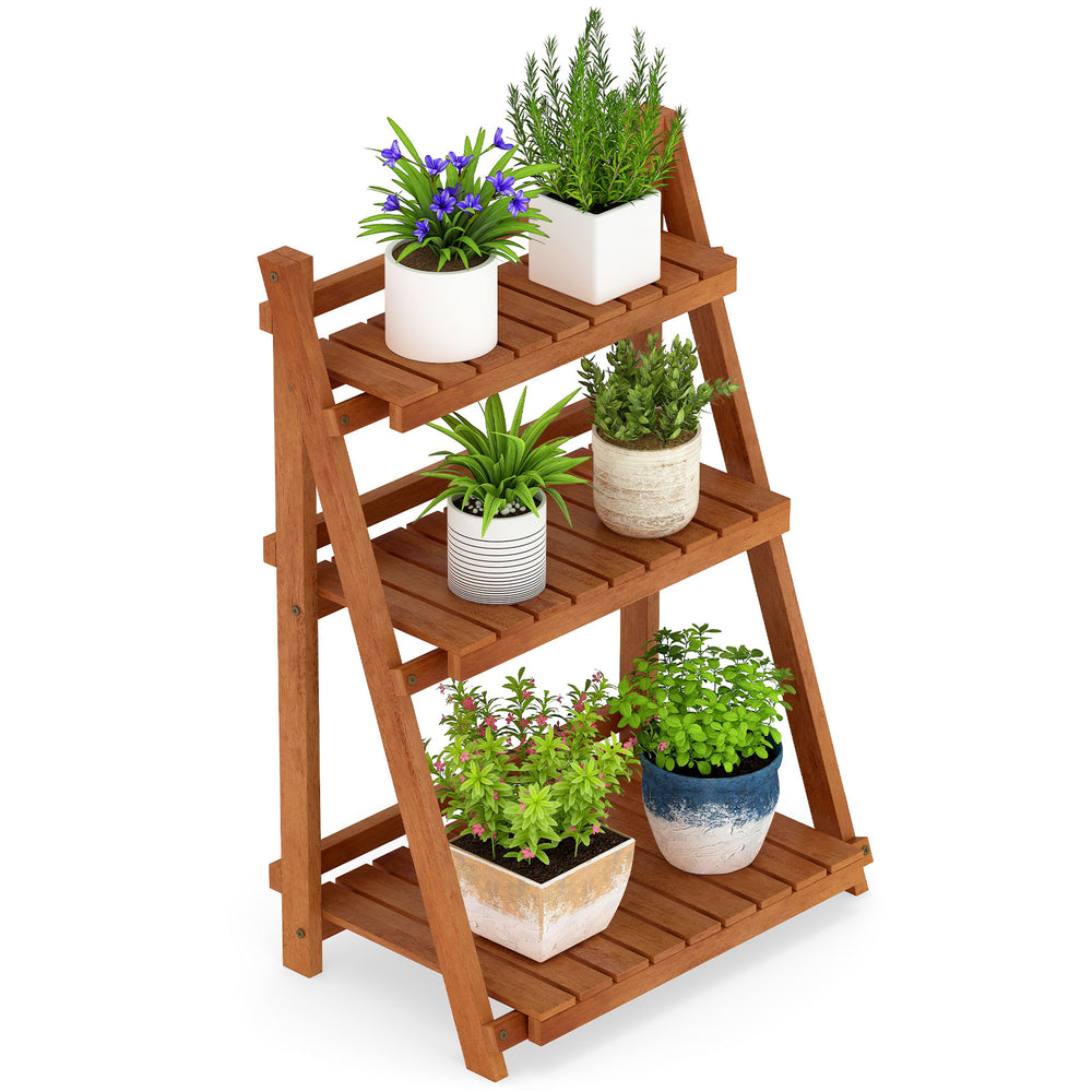 Foldable 3-tier solid wood plant stand with potted plants, ideal for patio or balcony display and optimal sunlight.