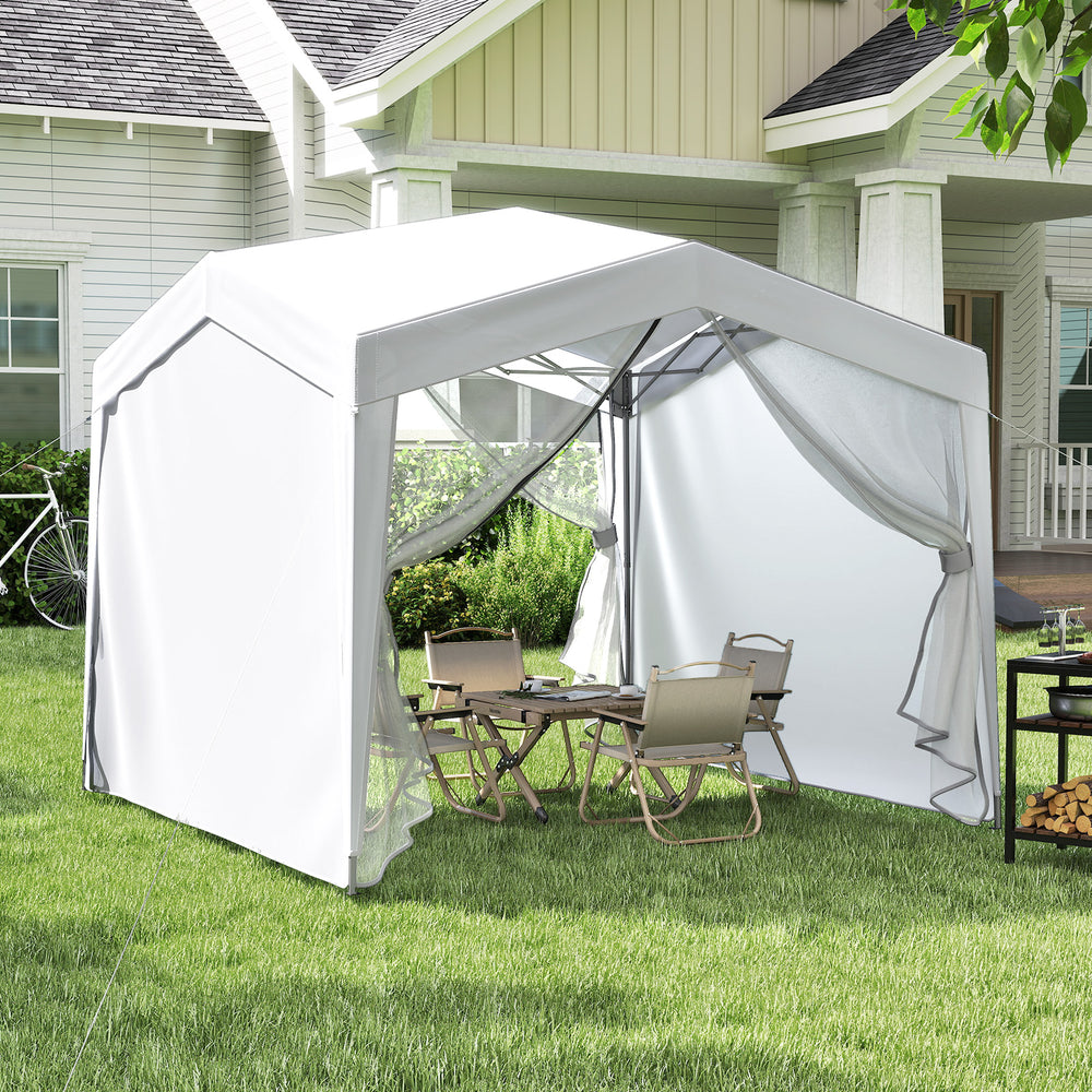 Pop up canopy tent with 4 sidewalls and mesh netting, ideal for outdoor events and providing sun protection.