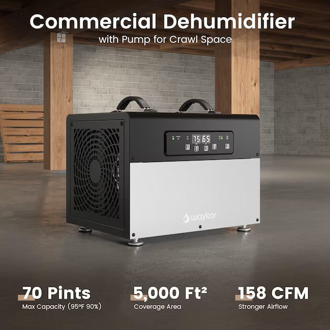 Waykar Commercial Crawlspace Dehumidifier 70 Pints with Internal Pump New