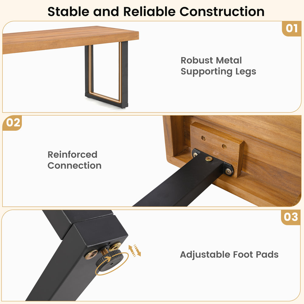 Acacia wood outdoor bench with robust metal legs, adjustable footpads, and reinforced connections for stability and.