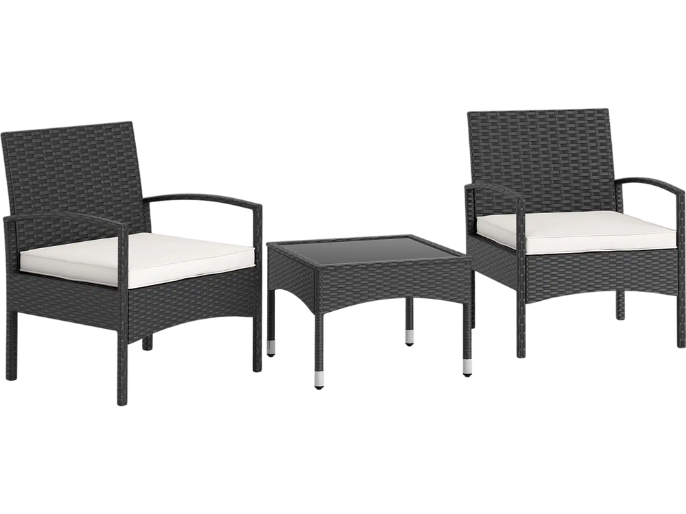 Two rattan bistro chairs with soft cushions and a stylish coffee table, perfect for outdoor patios and gardens.