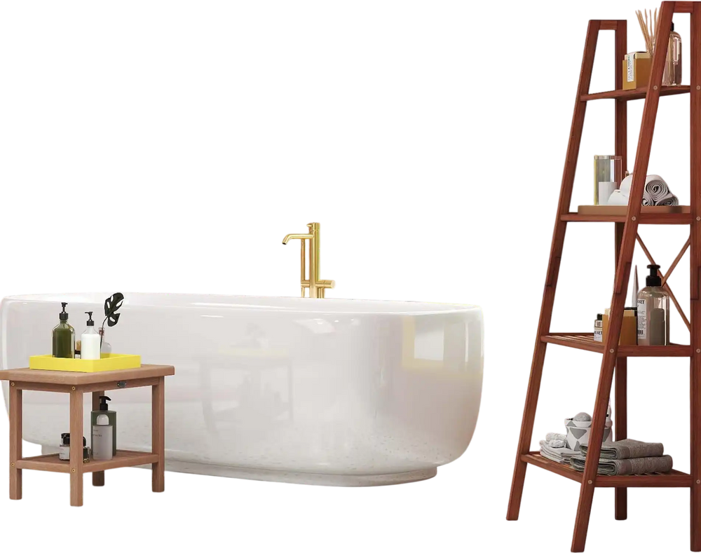 2-Piece Laundry Room Furniture Set: Teak Utility Bench + Bamboo Ladder Shelf