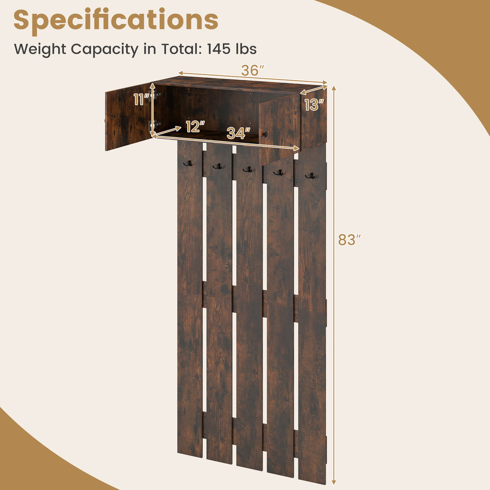 Rustic brown wall-mounted coat rack with upper storage cabinet and five metal hooks, perfect for entryways and compact.