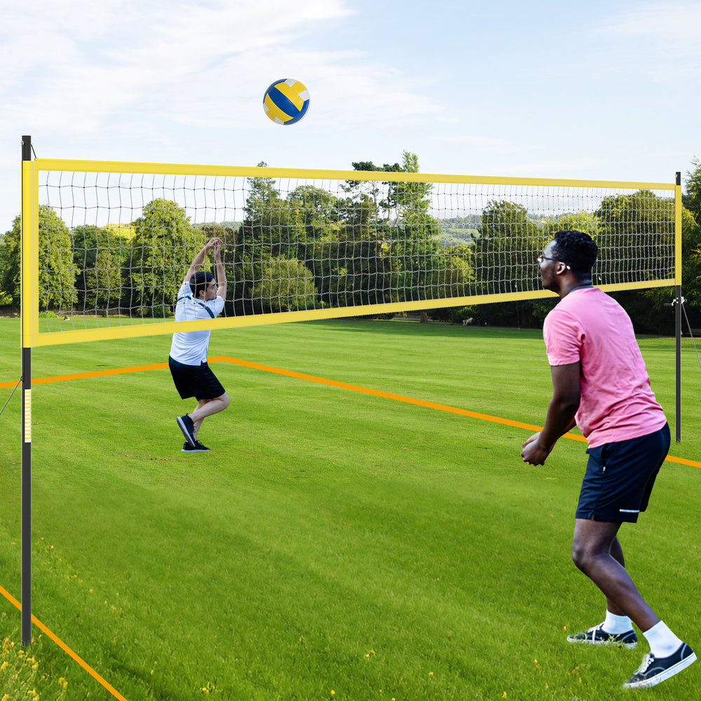Portable outdoor volleyball net set in yellow, featuring adjustable height and robust construction for outdoor games.