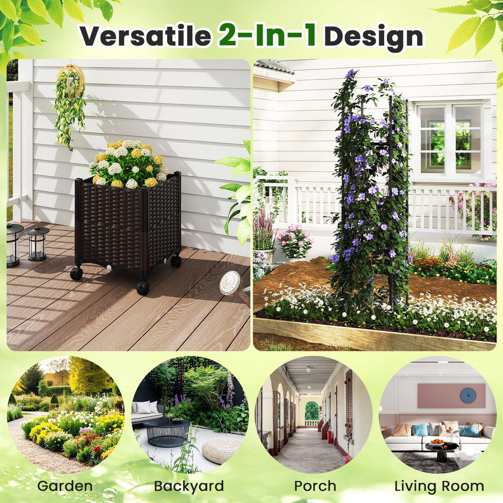 Tall raised garden bed with trellis and lockable wheels, ideal for vegetables and flowers in garden or porch settings.