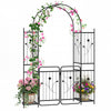 87-inch tall garden arch with gate, planter shelves, and climbing trellises for elegant outdoor decoration and plant.