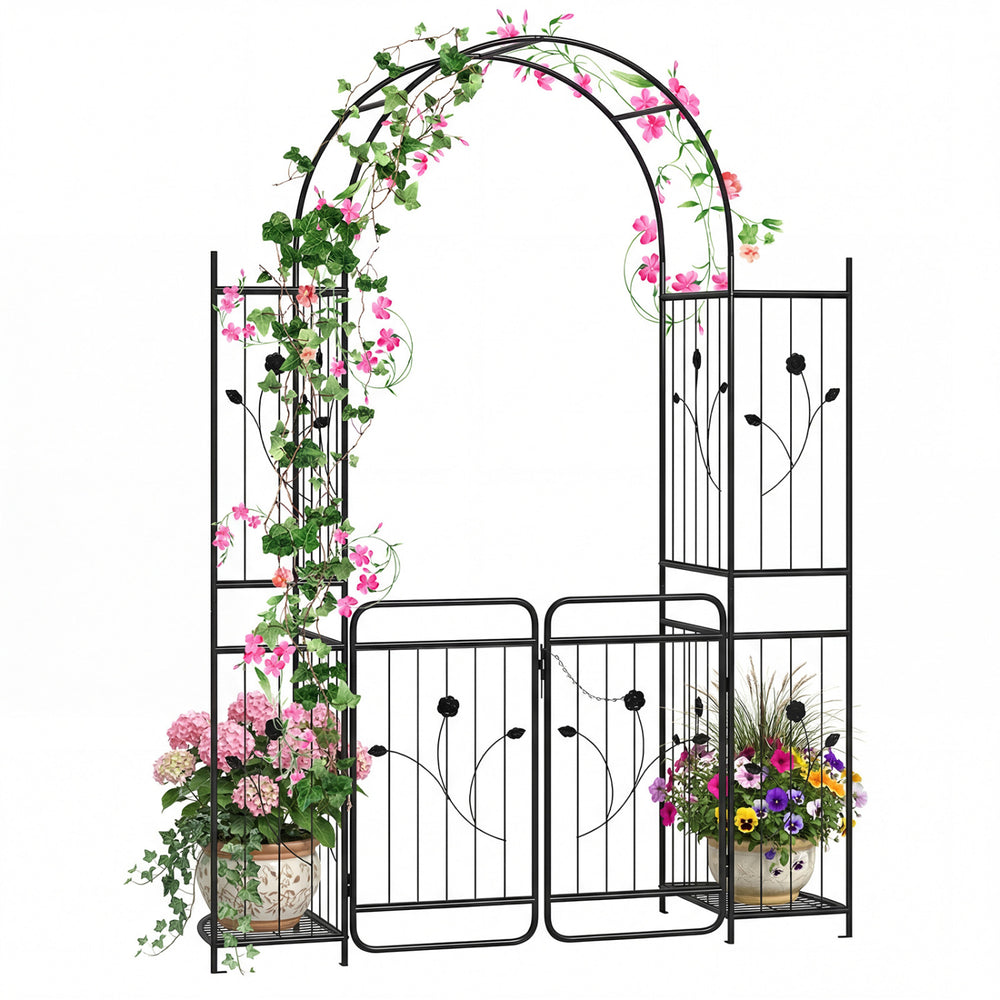 87-inch tall garden arch with gate, planter shelves, and climbing trellises for elegant outdoor decoration and plant.