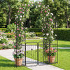 Tall garden arch with gate and planter shelves, featuring climbing trellises for vertical plant support in a lush.