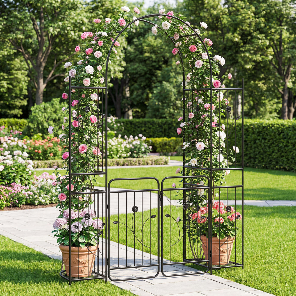 Tall garden arch with gate and planter shelves, featuring climbing trellises for vertical plant support in a lush.
