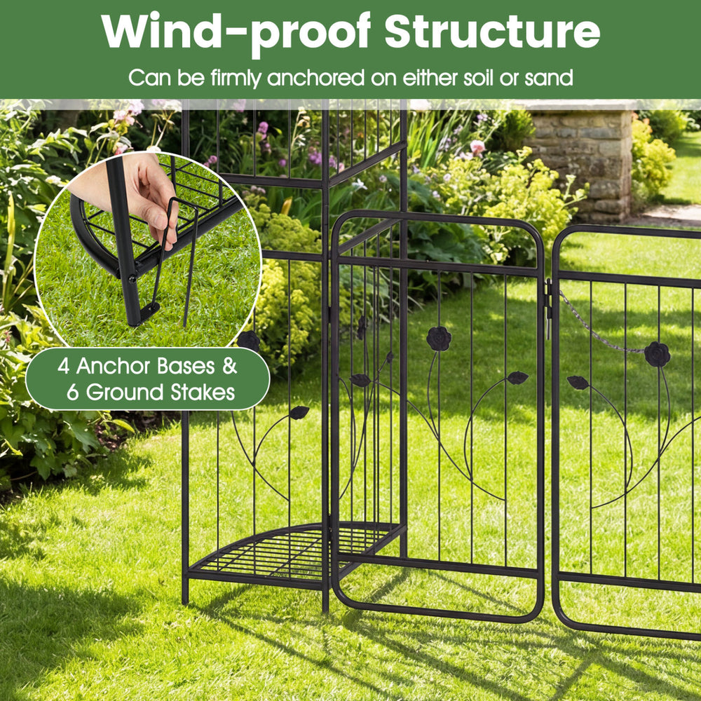 87-inch tall garden arch with gate and planter shelves, featuring a wind-proof structure and 4 anchor bases for.