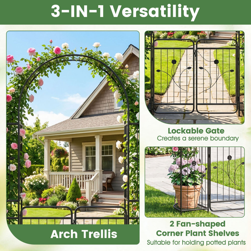 87-inch tall garden arch with lockable gate and two fan-shaped planter shelves for climbing plants and decorative.