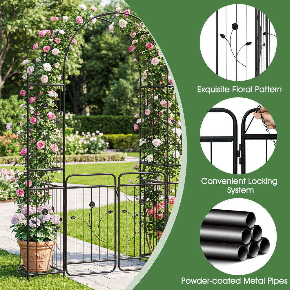 87-inch tall garden arch with gate and planter shelves, featuring a floral pattern and sturdy metal construction for.