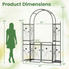 Dimensions of the 87-inch tall garden arch with gate, planter shelves, and climbing trellises for garden decoration.