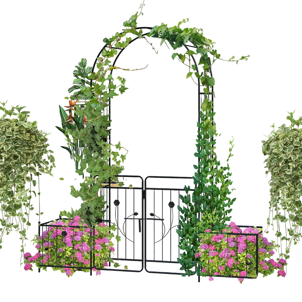 Garden arbor with lockable gate and side planters, made of premium metal, ideal for enhancing garden aesthetics.