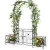 Garden arbor with lockable gate and side planters, made of premium metal, perfect for weddings and backyard decoration.
