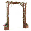 Wooden garden arbor with planter boxes, diamond lattice for climbing plants, ideal for outdoor weddings and decor.