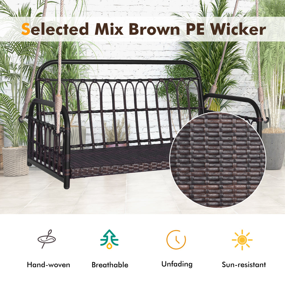 Wicker hanging porch swing in mix brown PE wicker with white cushions, suitable for outdoor use and strong 880 lbs.