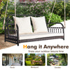 Wicker hanging porch swing with white cushions, durable PE wicker, suitable for outdoor use in garden or backyard.