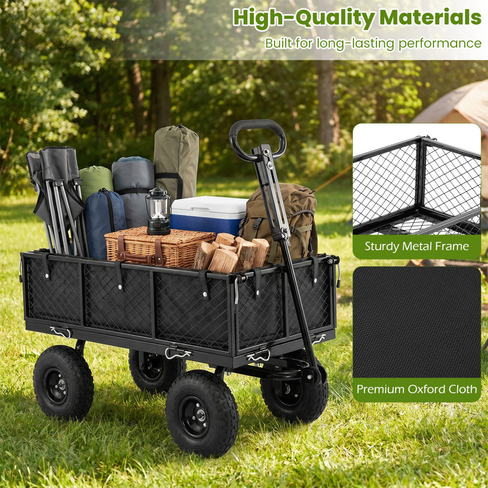 Utility wagon with removable Oxford cloth liner, sturdy metal frame, and 10" inflatable wheels for versatile outdoor.